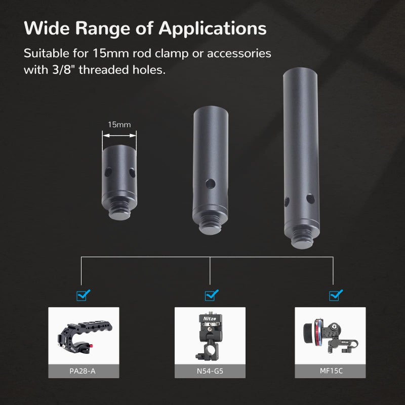 Nitze عصا نيتزي 15 مم مع برغي 3/8 بوصة 1 بوصة/2 بوصة/3 بوصة (3 قطع) من سبائك الألمنيوم مع خيوط ذكر إلى أنثى 3/8 بوصة - R15-3/8-KIT - Image 3